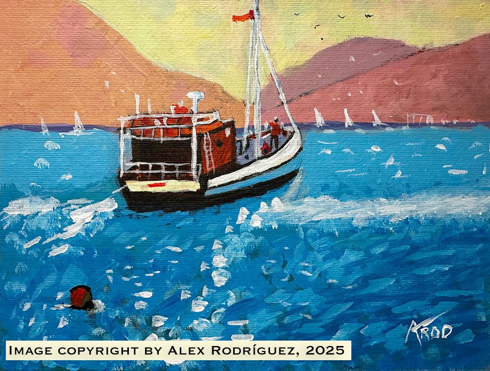 Old Fishing Boat Returning Home to Casa - painting by Alexander Rodriguez