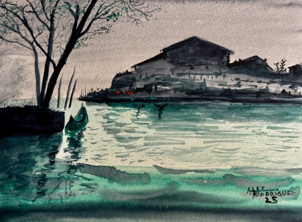 Midnight by the Lake - A Watercolor by Alex Rodriguez